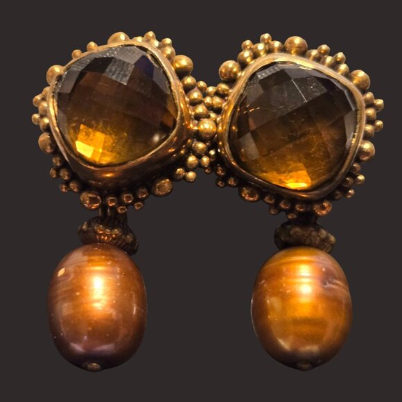 Stephen Dweck Pierced, Drop, Citrine/cultured Pearl 925 Bronze earrings - Picture 1 of 6